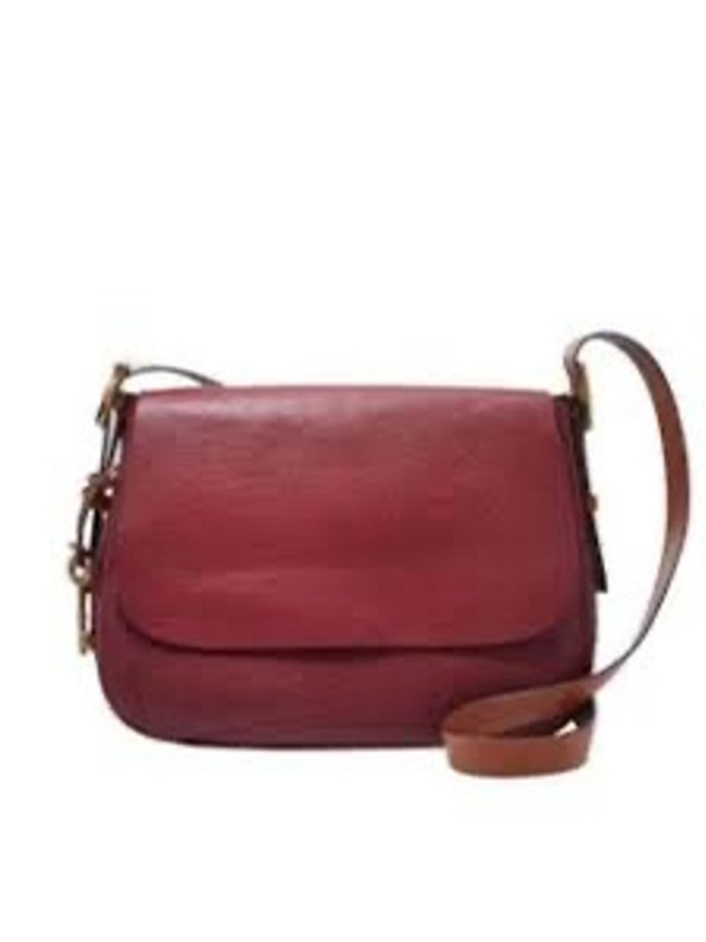 Fossil Harper Large Flap Saddle Crossbody Bag Wine & Tan With Key Leather